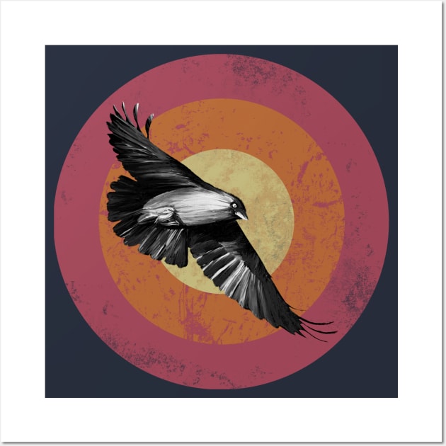 Raven Flight - retro style illustration in red tones Wall Art by DyrkWyst